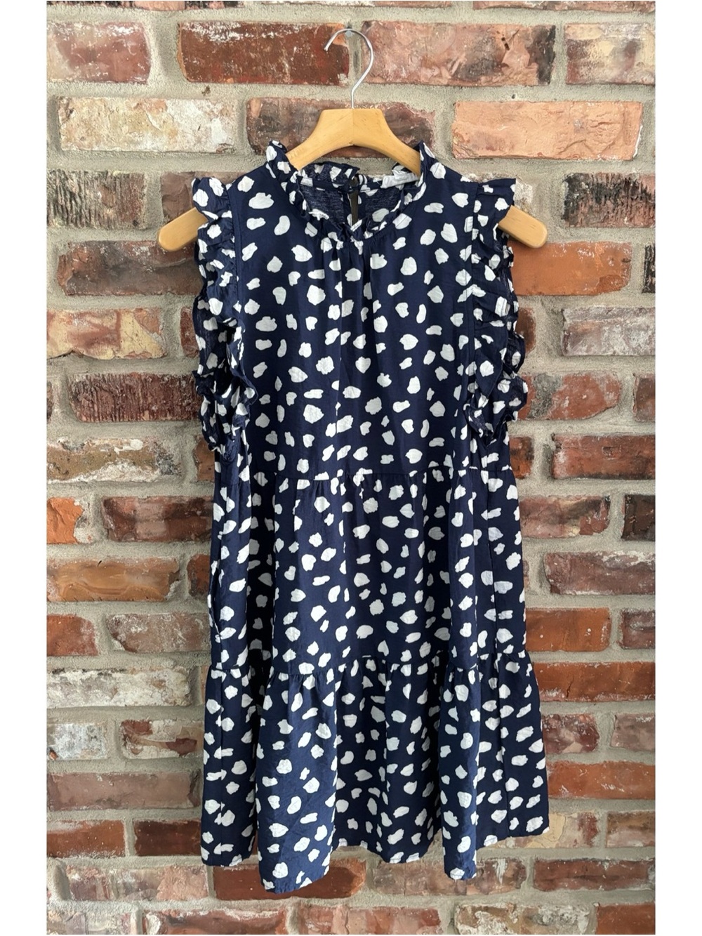 THML Blue White Polka Dot Tiered Ruffle Sleeveless Mini Dress, M